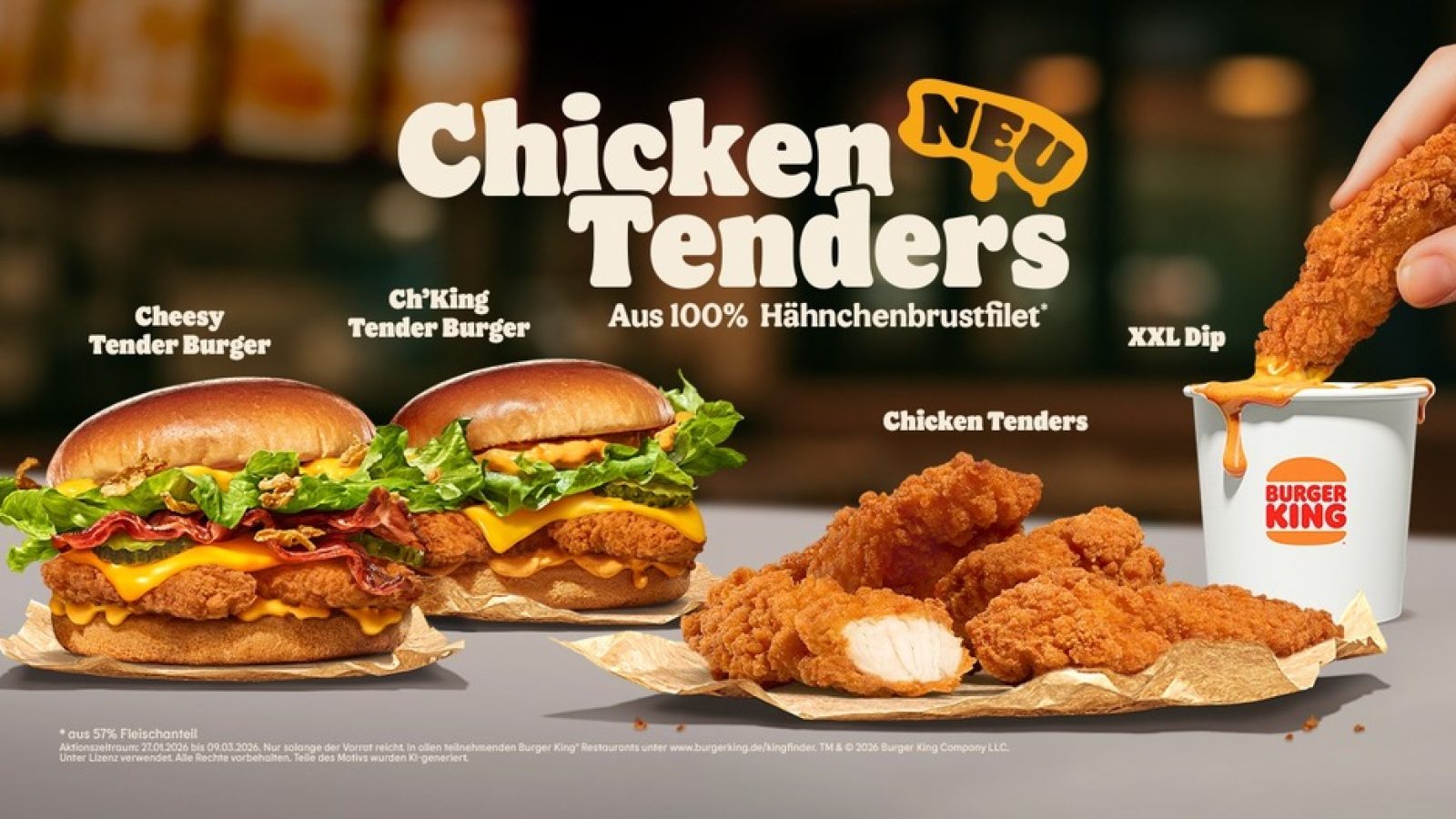 Chicken Tenders mit XXL Dip und Tender Burger / Weiterer Text über ots und www.presseportal.de/nr/69466 / Die Verwendung dieses Bildes für redaktionelle Zwecke ist unter Beachtung aller mitgeteilten Nutzungsbedingungen zulässig und dann auch honorarfrei. Veröffentlichung ausschließlich mit Bildrechte-Hinweis.