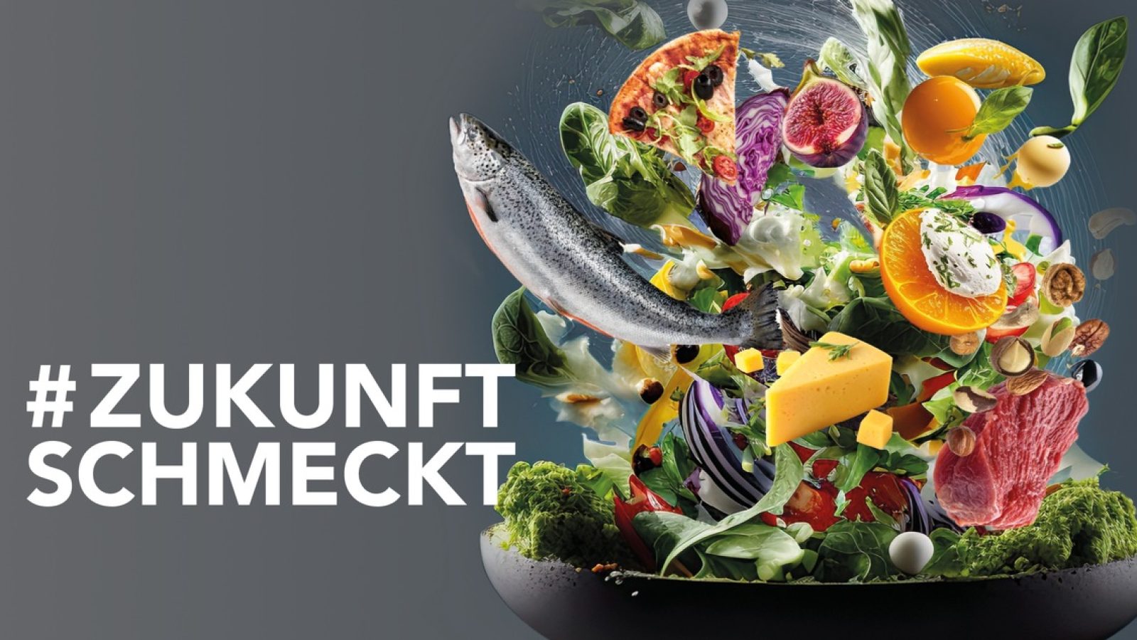 Bunte Anordnung von Lebensmitteln, darunter Fisch, Gemüse, Obst und Käse, mit dem Text '#Zukunft schmeckt'.