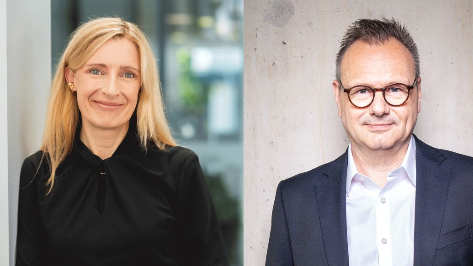 Porträt von Eva-Maria Bauch und einem Mann in formeller Kleidung, beide mit neutralem Hintergrund.