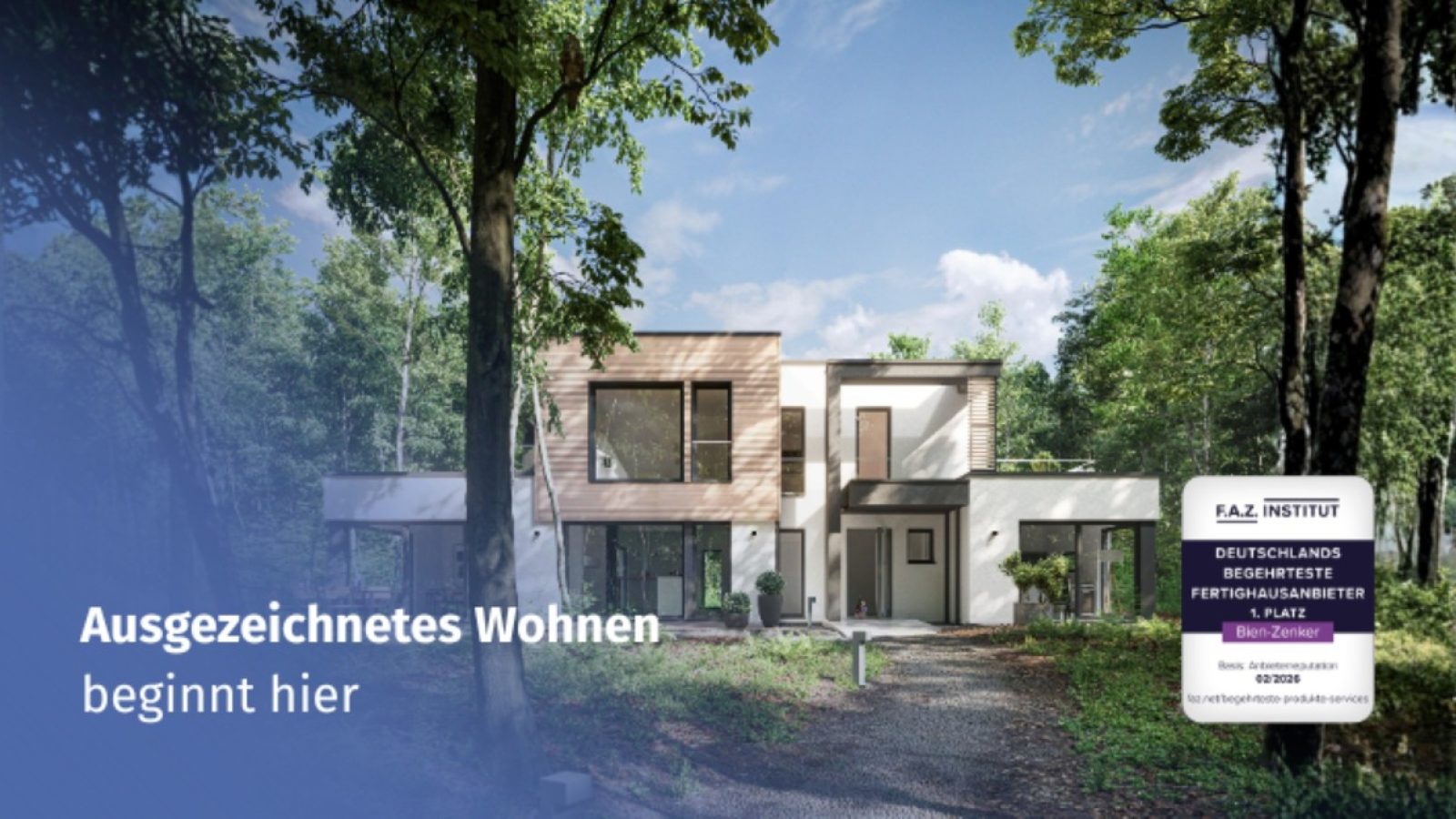Bien-Zenker belegt Platz 1 bei "Deutschlands begehrtesten Fertighausanbietern". In der aktuellen Studie des F.A.Z.-Instituts wurde die Online-Reputation zahlreicher Marken und Dienstleister ausgewertet. / Weiterer Text über ots und www.presseportal.de/nr/15185 / Die Verwendung dieses Bildes für redaktionelle Zwecke ist unter Beachtung aller mitgeteilten Nutzungsbedingungen zulässig und dann auch honorarfrei. Veröffentlichung ausschließlich mit Bildrechte-Hinweis.