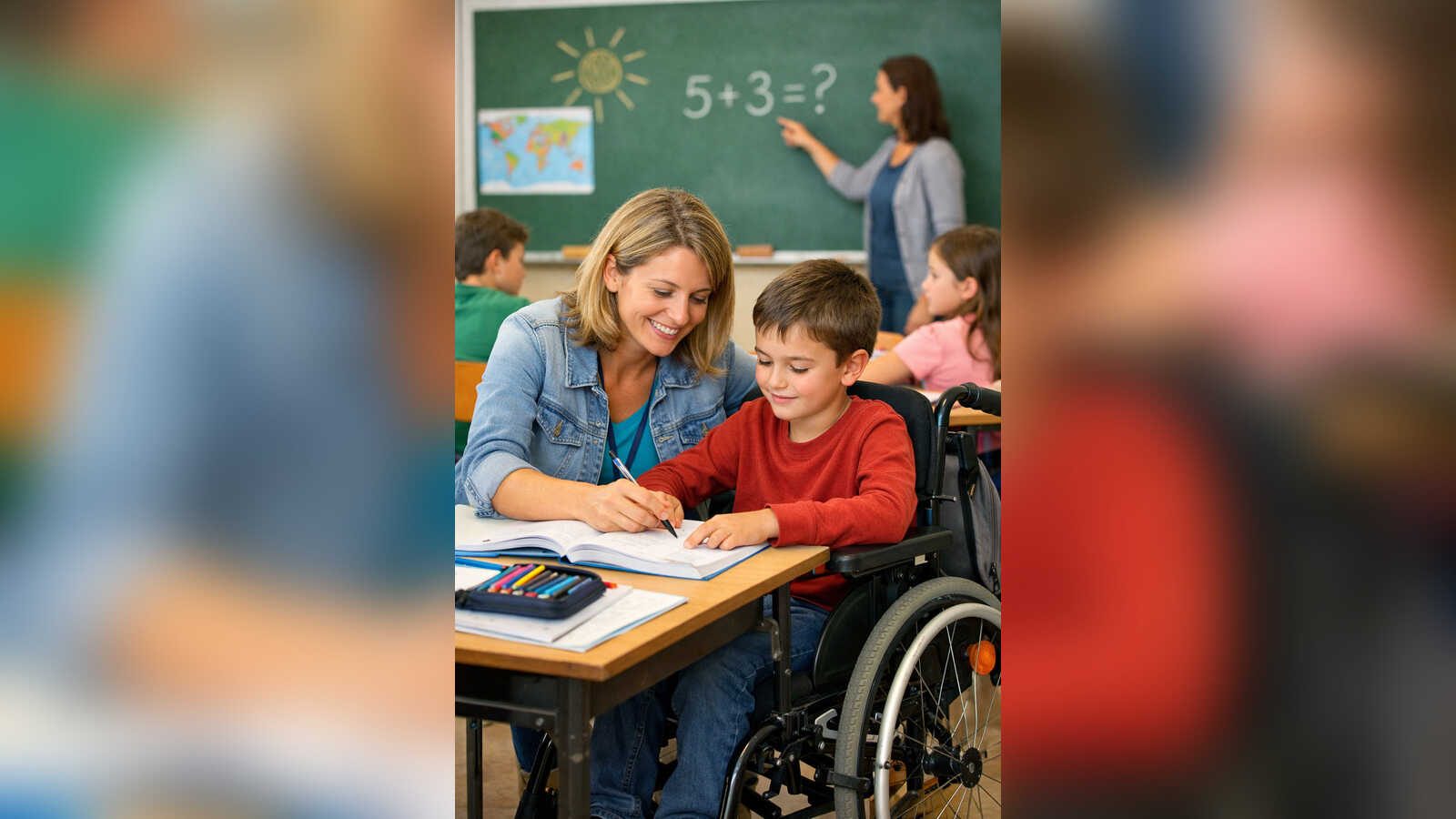 KI-generiertes Symbolbild: Eine Schulbegleiterin hilft einem Jungen im Rollstuhl im Klassenzimmer bei einer Schreibaufgabe, im Hintergrund schreibt eine Lehrerin an die Tafel.