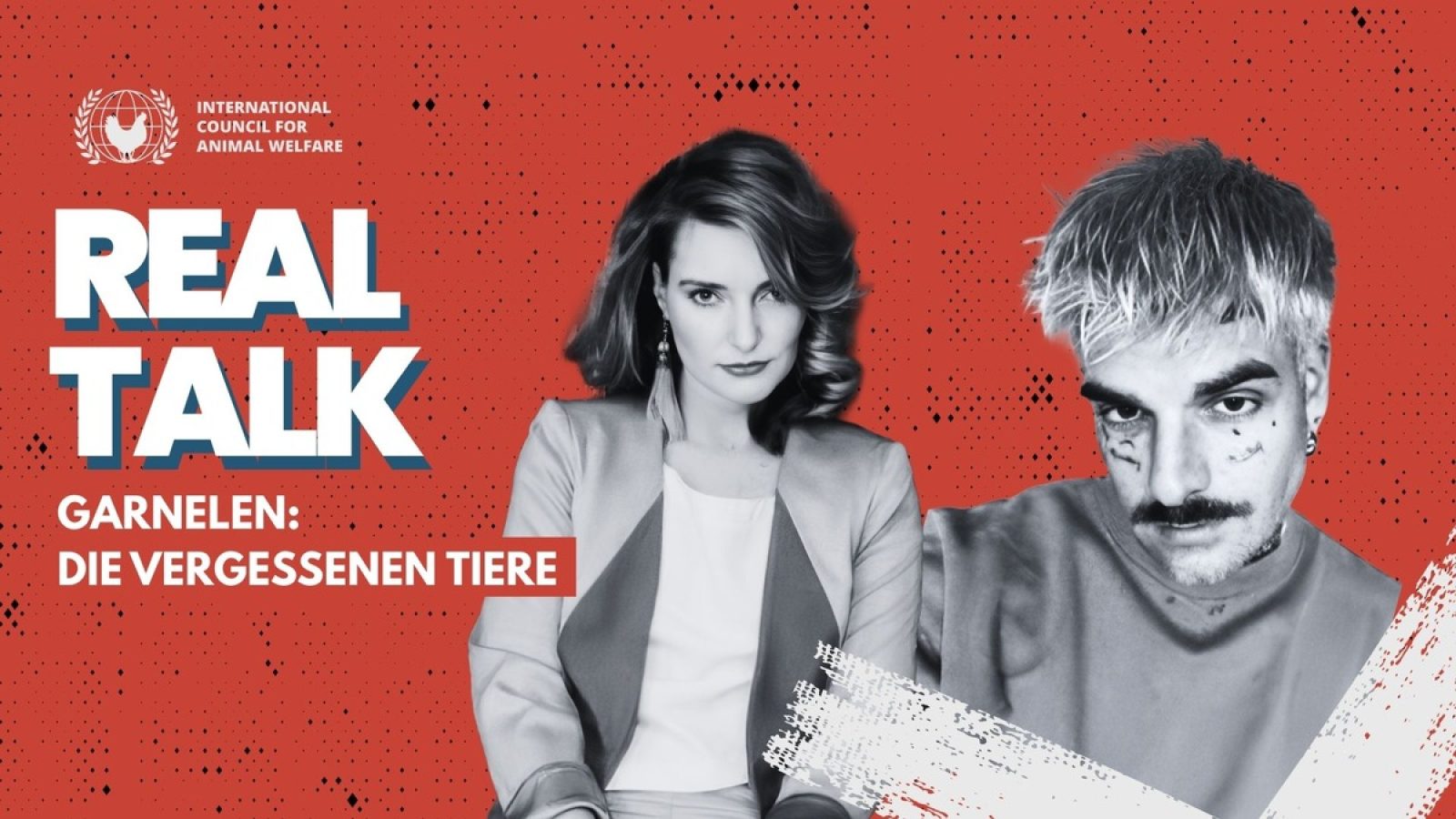 Zwei Personen in einem grafischen Layout mit dem Text 'Real Talk' und dem Thema Garnelen und Tierschutz.