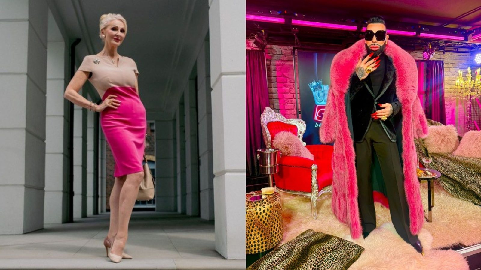 Eine Frau in einem rosa Kleid steht in einer eleganten Pose vor einem modernen Gebäude.