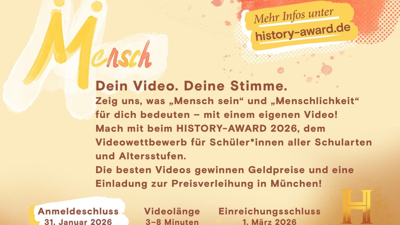 Der HISTORY Channel hat die Anmeldefrist für die 14. Ausgabe des Videowettbewerbs HISTORY-AWARD (Schirmherrschaft: Marcel Reif und Miss History) um einen Monat auf den 31. Januar 2026 verlängert. Bereits jetzt haben sich zahlreiche Schülerinnen und Schüler aus dem gesamten deutschsprachigen Raum für die Teilnahme entschieden. / Weiterer Text über ots und www.presseportal.de/nr/55632 / Die Verwendung dieses Bildes für redaktionelle Zwecke ist unter Beachtung aller mitgeteilten Nutzungsbedingungen zulässig und dann auch honorarfrei. Veröffentlichung ausschließlich mit Bildrechte-Hinweis.