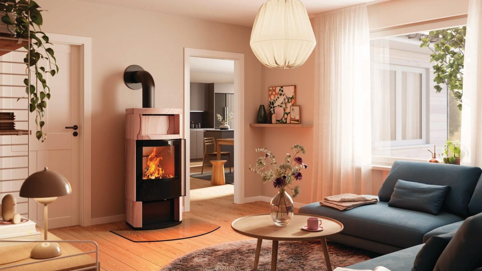 Kaminofen in einem modernen Wohnraum mit Holzfeuer und stilvollem Design.