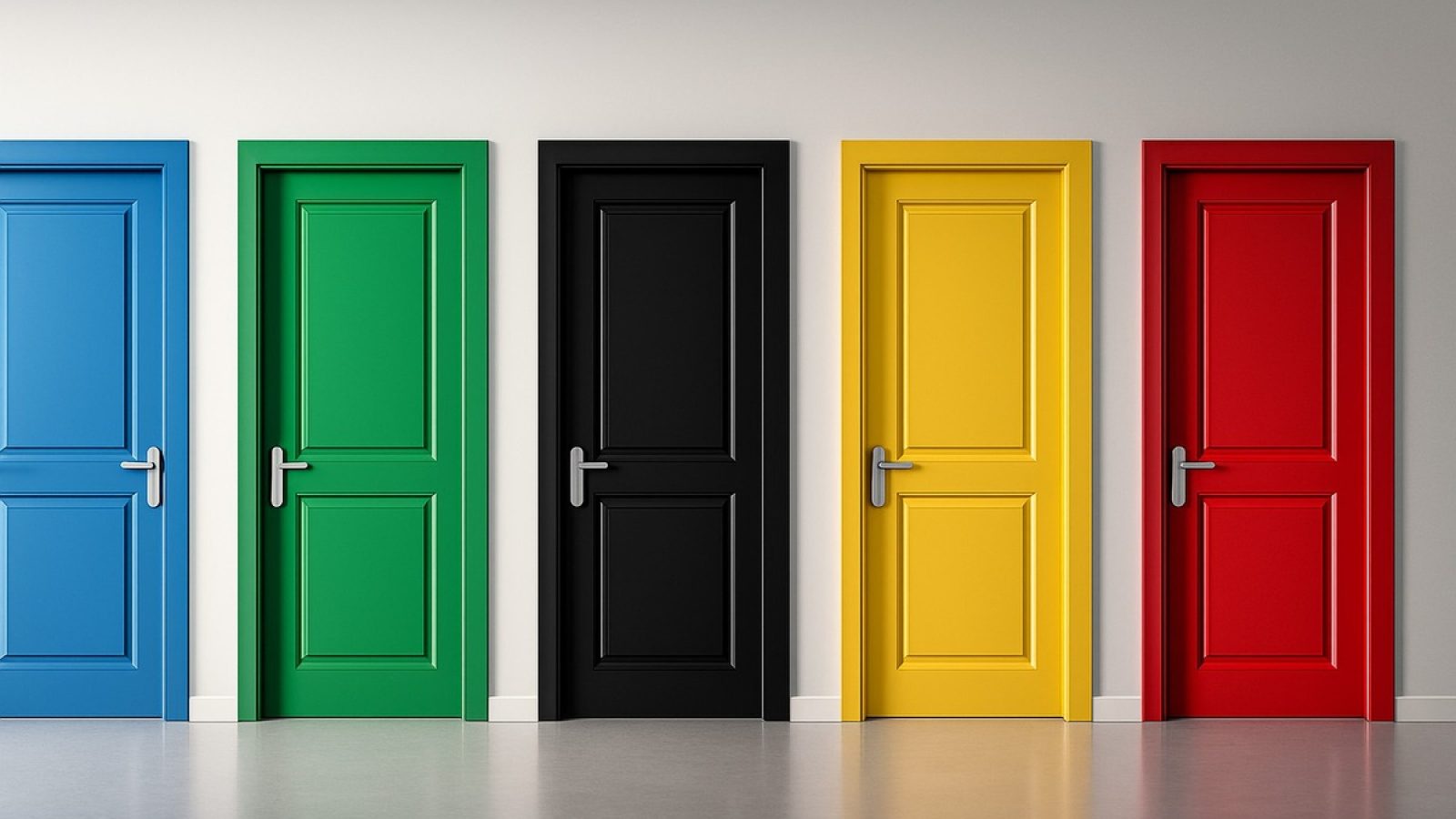 Fünf Türen in verschiedenen Farben: Blau, Grün, Schwarz, Gelb und Rot, auf einem neutralen Hintergrund.