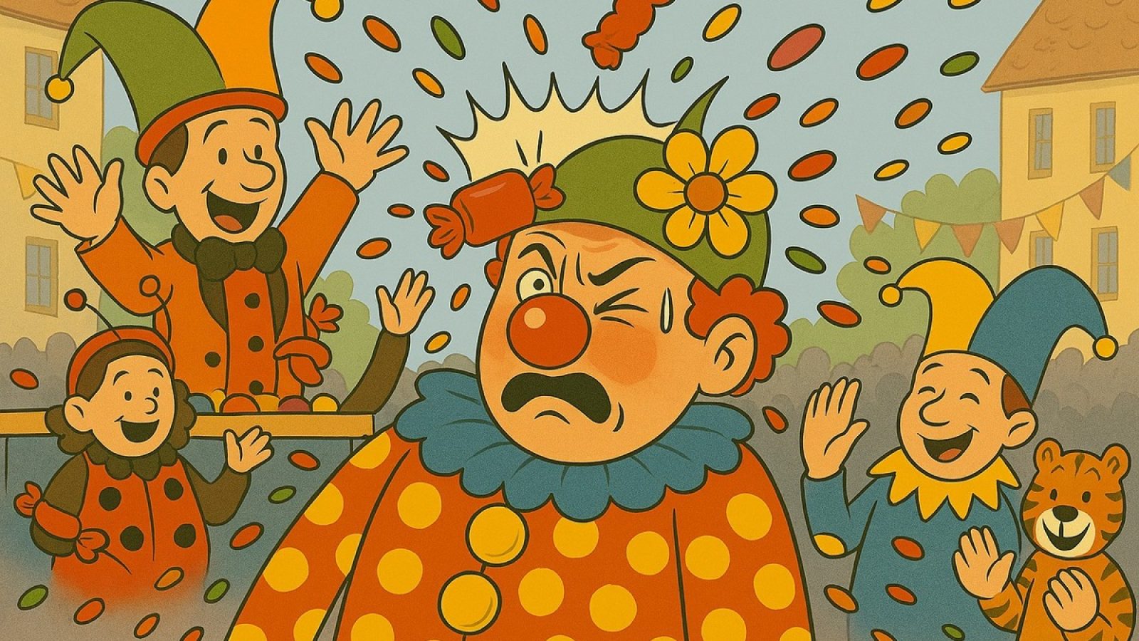 Autsch: Ein Clown wird von einer Kamelle am Auge verletzt. / Weiterer Text über ots und www.presseportal.de/nr/20033 / Die Verwendung dieses Bildes für redaktionelle Zwecke ist unter Beachtung aller mitgeteilten Nutzungsbedingungen zulässig und dann auch honorarfrei. Veröffentlichung ausschließlich mit Bildrechte-Hinweis.