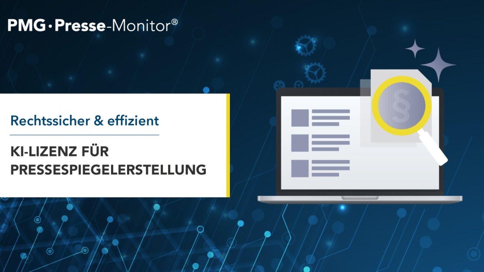 Grafik mit einem Laptop, der eine KI-Lizenz für die Erstellung von Pressespiegeln darstellt, umgeben von digitalen Symbolen.