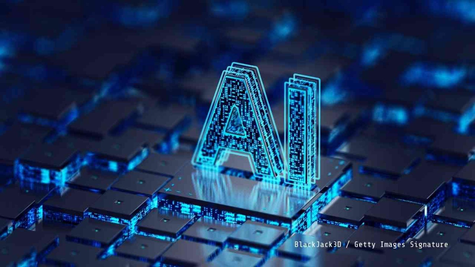 3D-Darstellung der Buchstaben 'AI' auf einem digitalen Hintergrund mit blauen und grauen Elementen.