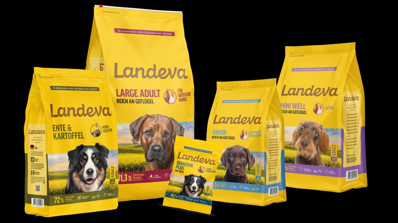 Landeva startet mit 35 Einzelartikeln und umfasst Junior-, Mini- und Adult-Produkte, verschiedene Proteinquellen und Verpackungsgrößen. / Weiterer Text über ots und www.presseportal.de/nr/119466 / Die Verwendung dieses Bildes für redaktionelle Zwecke ist unter Beachtung aller mitgeteilten Nutzungsbedingungen zulässig und dann auch honorarfrei. Veröffentlichung ausschließlich mit Bildrechte-Hinweis.