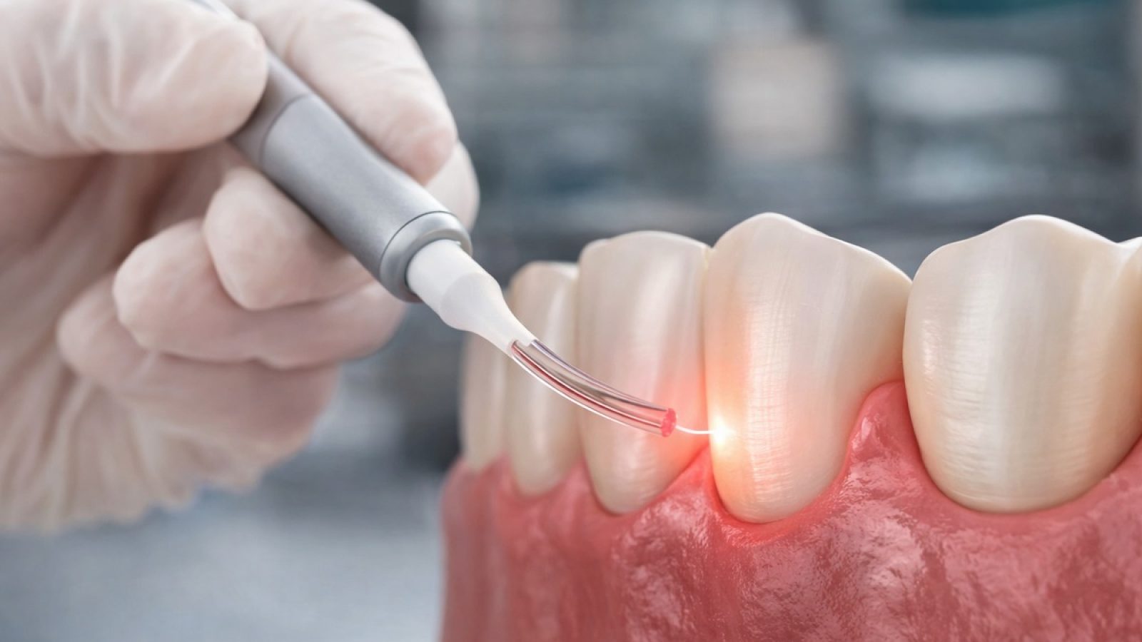 Schmerzarme Laserbehandlung des Zahnfleisches bei Parodontitis in der ganzheitlichen Zahnmedizin von KU64. © KU64 / Weiterer Text über ots und www.presseportal.de/nr/181398 / Die Verwendung dieses Bildes für redaktionelle Zwecke ist unter Beachtung aller mitgeteilten Nutzungsbedingungen zulässig und dann auch honorarfrei. Veröffentlichung ausschließlich mit Bildrechte-Hinweis.