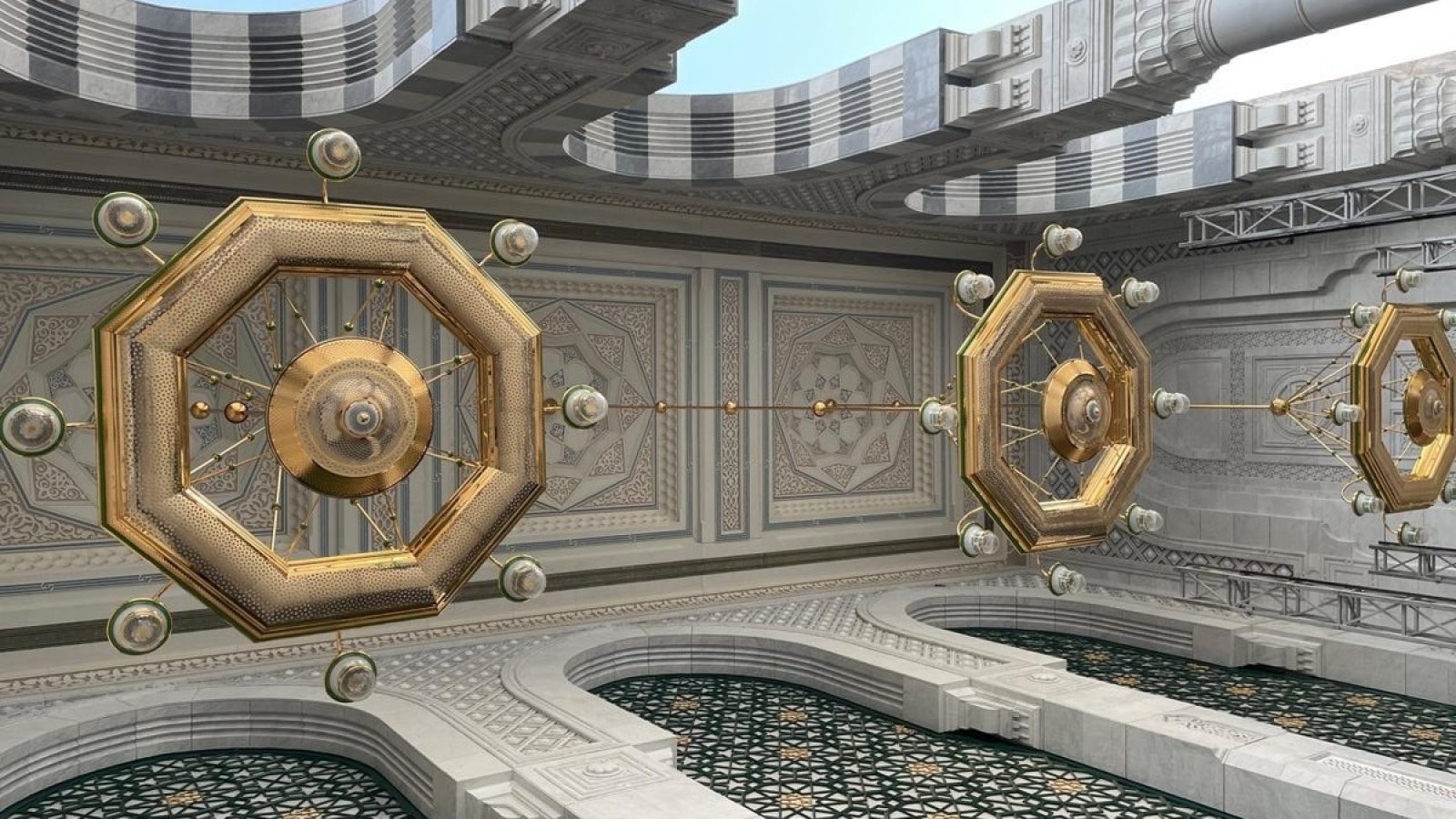 Die von Lights of Vienna für den Mataf-Bereich der Großen Moschee in Mekka gefertigten Kronleuchter sind maßgeschneiderte, vergoldete Lichtkunstwerke, die sowohl den ästhetischen als auch den technischen Anforderungen eines der bedeutendsten religiösen Orte der Welt gerecht werden. Gefertigt aus hochwertigem Edelstahl und mit 24-karätigem Gold veredelt, vereinen die Leuchten traditionelle islamische Gestaltungselemente – darunter filigrane Kalligrafie und handgefertigtes Glas – mit modernster Lichttechnologie