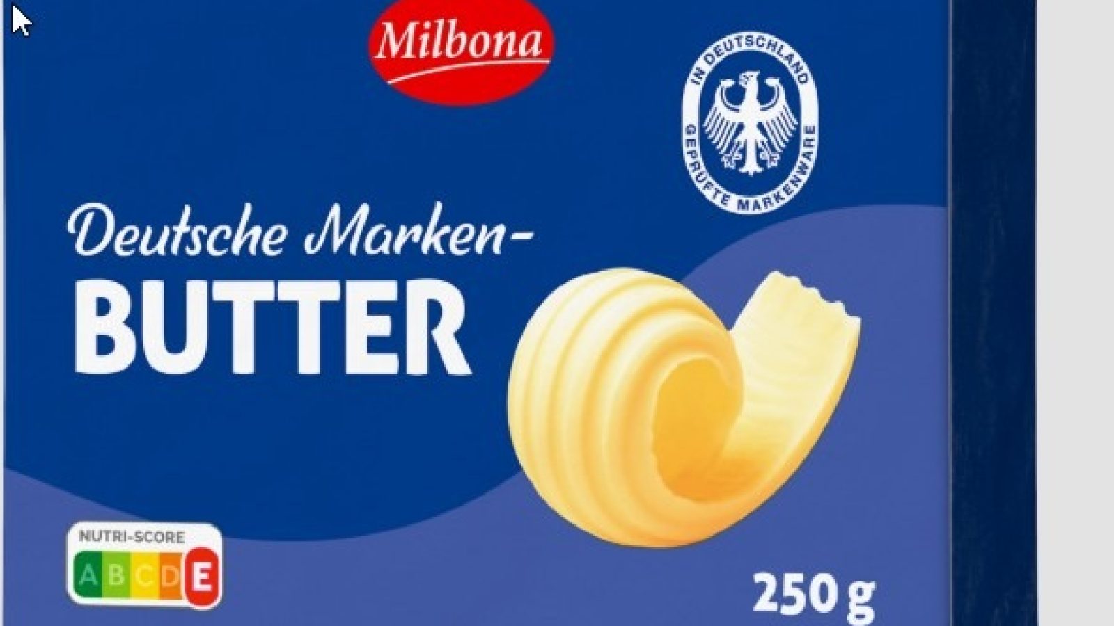 Milbona Deutsche Marken-Butter in einer 250g Verpackung mit einem Buttercurl auf der Vorderseite.