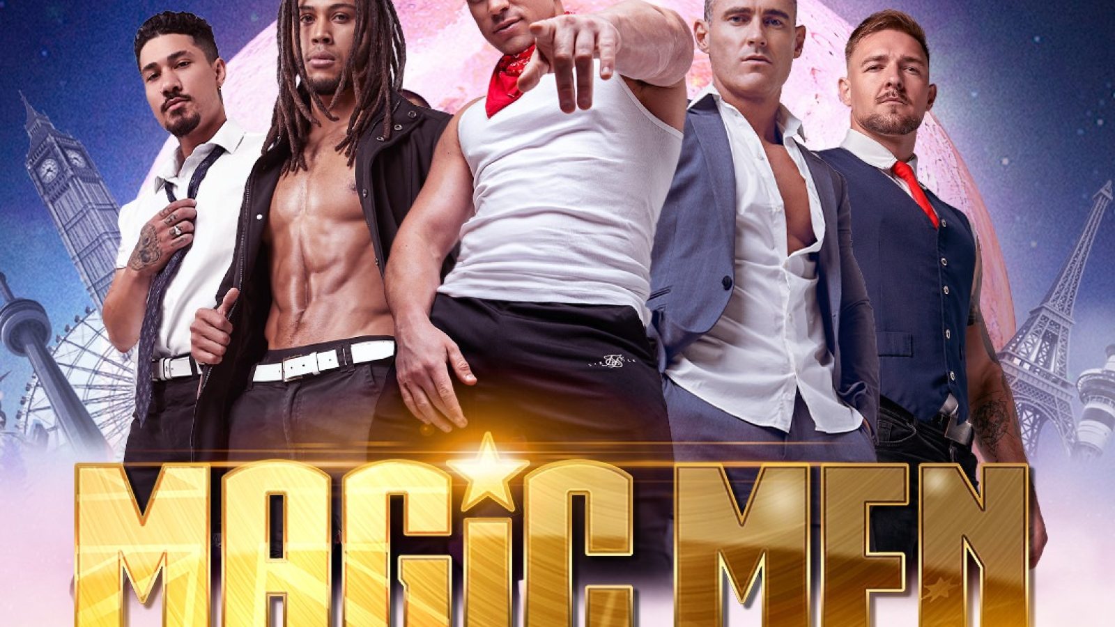 Fünf Männer in eleganter Kleidung posieren vor einem fantasievollen Hintergrund mit dem Schriftzug 'MAGIC MEN'.