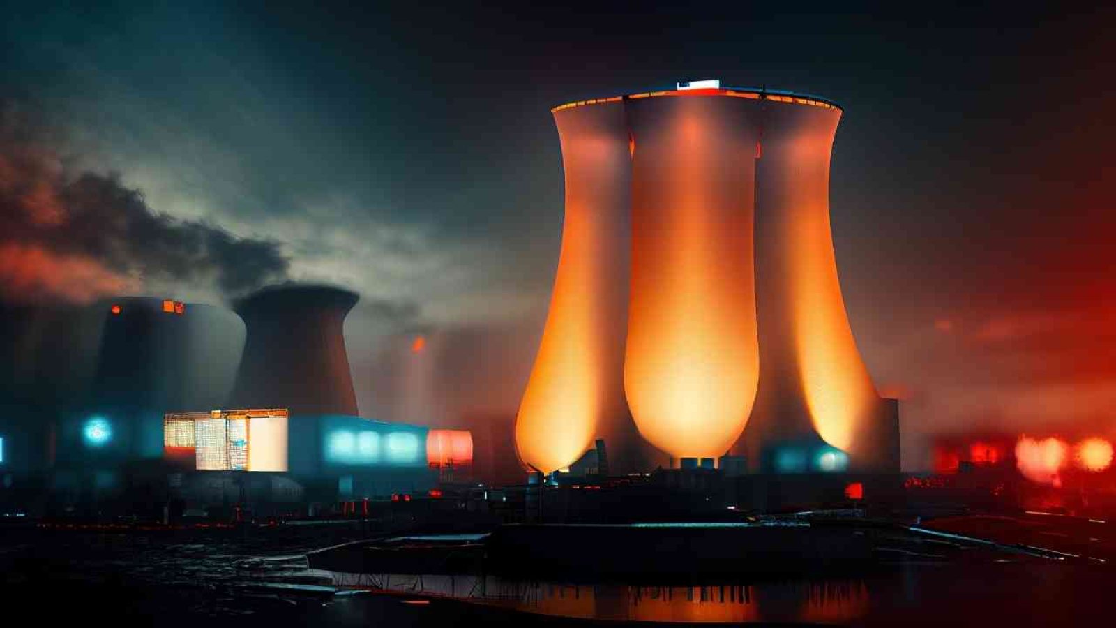 Kraftwerk mit Kühltürmen, die in orangefarbenem Licht beleuchtet sind, vor einer düsteren Kulisse.