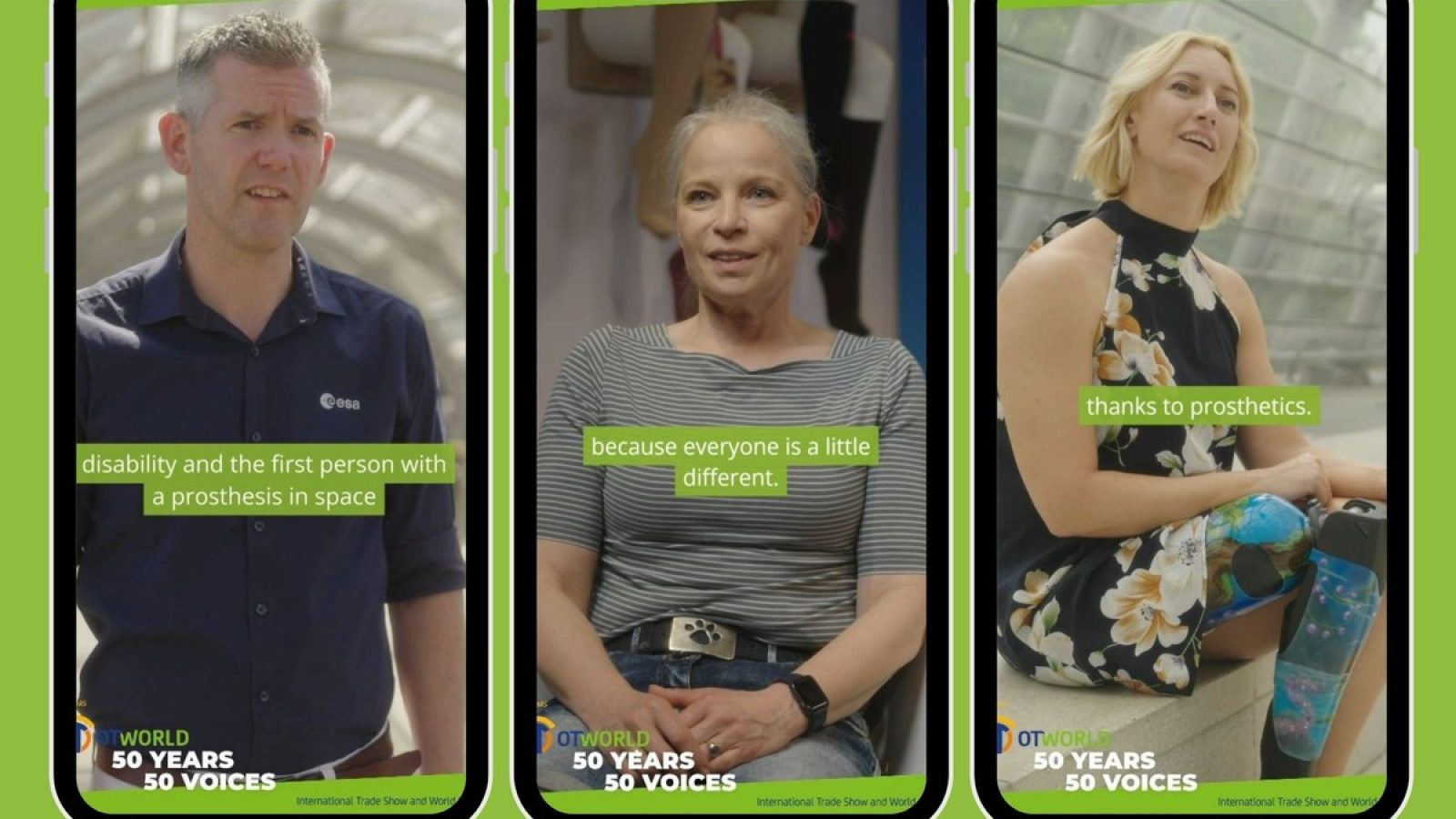 Para-Sportlerin Sophie Loubet, Kathrin Rammin, die mit einem Lymphödem lebt, und John McFall, ESA-Astronaut und beinamputierter Leistungssportler, geben der Jubiläumskampagne 50 years - 50 voices" der OTWorld 2026, Weltkongress und internationale Fachmesse, ein Gesicht. Foto: Leipziger Messe / Weiterer Text über ots und www.presseportal.de/nr/108324 / Die Verwendung dieses Bildes für redaktionelle Zwecke ist unter Beachtung aller mitgeteilten Nutzungsbedingungen zulässig und dann auch honorarfrei. Veröffentlichung ausschließlich mit Bildrechte-Hinweis.