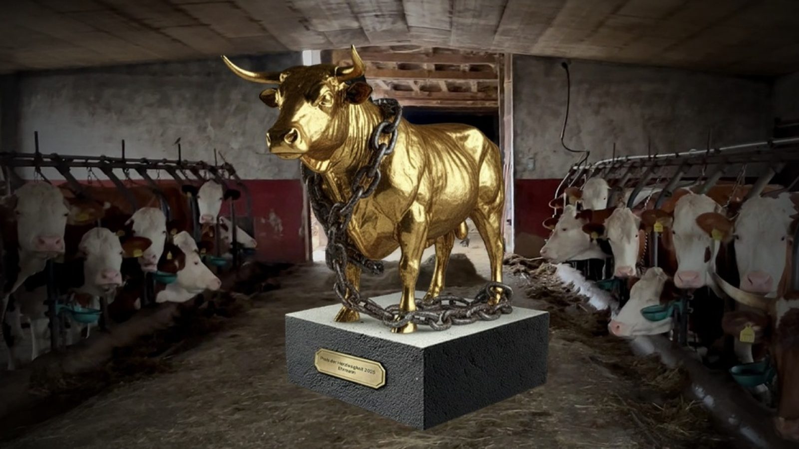 Der "Preis der Herzlosigkeit" ist ein symbolischer Negativpreis, den ANINOVA jährlich an Unternehmen vergibt, die von Tierleid profitieren oder tierschutzwidrige Praktiken in ihren Lieferketten dulden. Auf dem Bild ist der Preis als goldene Rinderfigur vor blutverschmiertem Hintergrund zu sehen. Dahinter erscheinen Kühe in ganzjähriger Anbindehaltung, basierend auf Bildmaterial, das ANINOVA aus mehreren Ehrmann-Zulieferbetrieben in Bayern zugespielt wurde. Die Aufnahmen, die vor einigen Wochen entstanden sind, zeigen dauerhaft fixierte Tiere ohne Auslauf und haben zu Ermittlungen der Staatsanwaltschaft Memmingen geführt (AZ 301 Js 18911/25, 301 Js 18907/25, 301 Js 18914/25). Die Darstellung macht das Tierleid sichtbar, das in Betrieben im Landkreis Günzburg und im Landkreis Unterallgäu dokumentiert wurde. / Weiterer Text über ots und www.presseportal.de/nr/115581 / Die Verwendung dieses Bildes für redaktionelle Zwecke ist unter Beachtung aller mitgeteilten Nutzungsbedingungen zulässig und dann auch honorarfrei. Veröffentlichung ausschließlich mit Bildrechte-Hinweis.