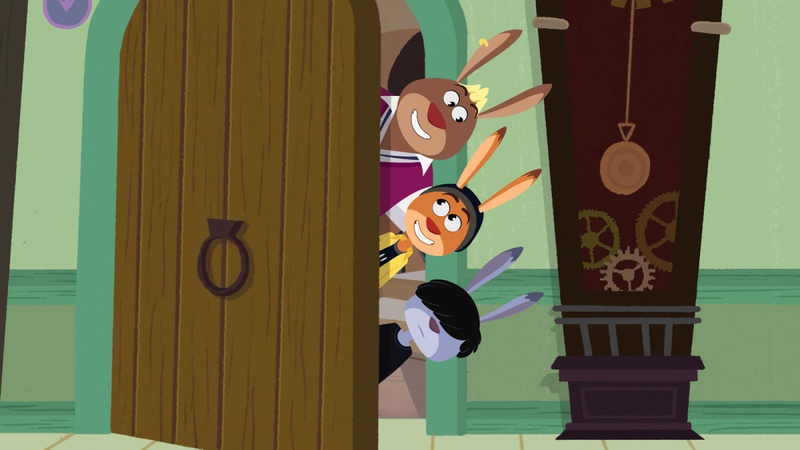 Ist da wer? Chester, Max und Kela stellen sich in der Rabbit Academy vor. © SWR/2026 Akkord Film/SWR/KiKA/NDR/HR/SERU Animarion/2 Minutes SAS/FormArt Dakor Bt. - Honorarfreie Verwendung gemäß der AGB im engen inhaltlichen, redaktionellen Zusammenhang mit genannter Sendung bei Nennung "Bild: SWR/2026 Akkord Film/SWR/KiKA/NDR/HR/SERU Animarion/2 Minutes SAS/FormArt Dakor Bt." einschließlich Social Media / Weiterer Text über ots und www.presseportal.de/nr/6535