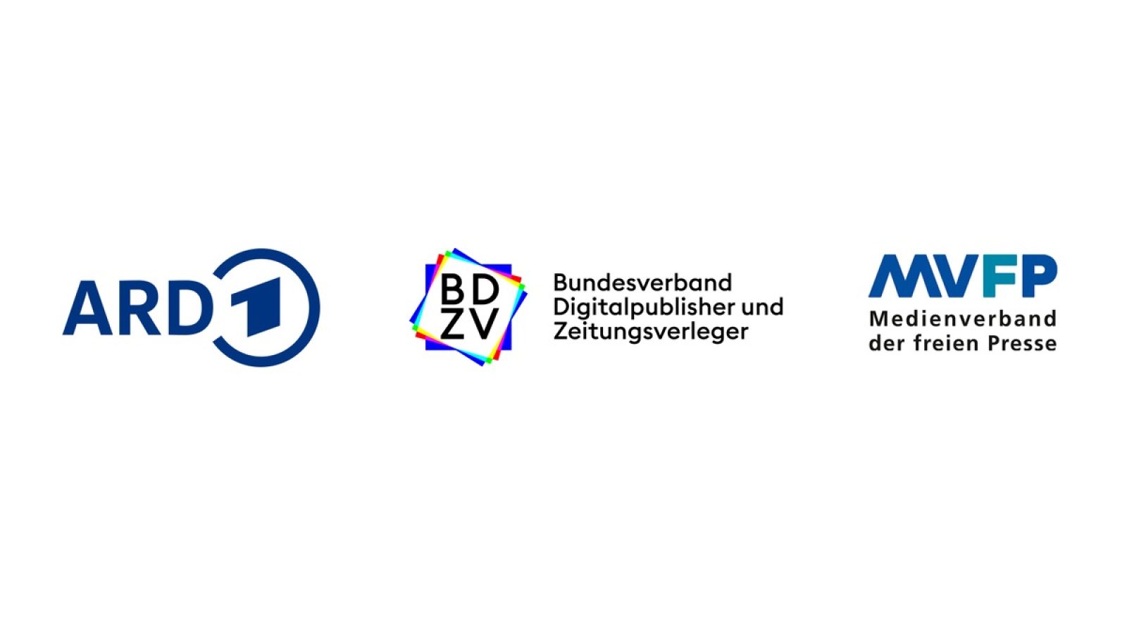 Logos von ARD1, BDZV und MVFP, die für Medienorganisationen in Deutschland stehen.