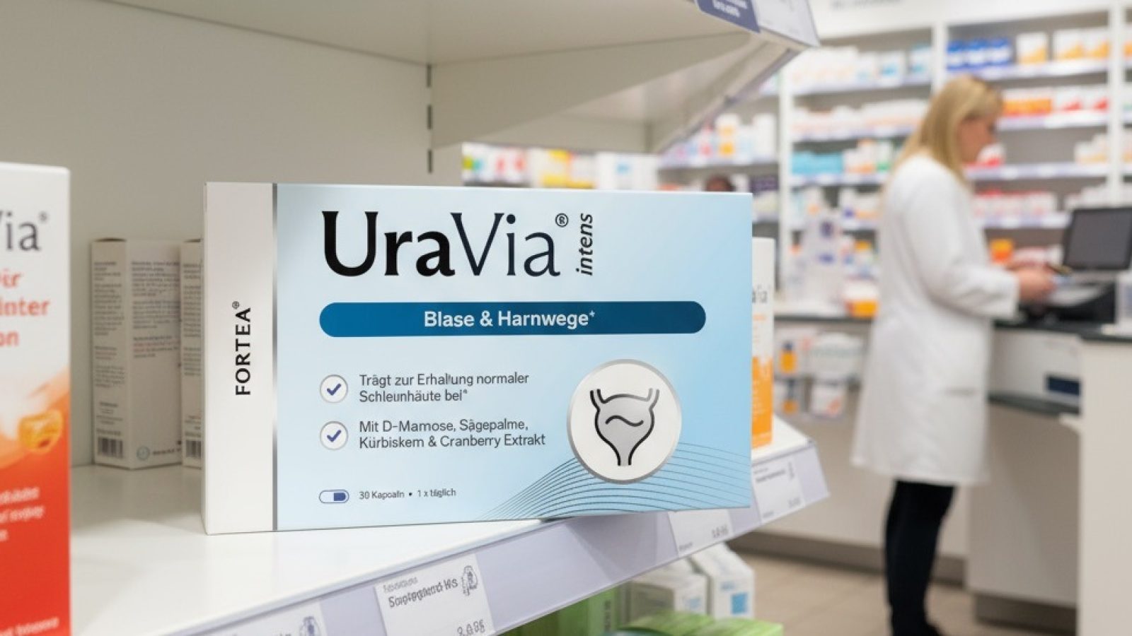 UraVia in der Apotheke / Weiterer Text über ots und www.presseportal.de/nr/181922 / KI-generiertes Bild. Die Verwendung dieses Bildes für redaktionelle Zwecke ist unter Beachtung aller mitgeteilten Nutzungsbedingungen zulässig und dann auch honorarfrei. Veröffentlichung ausschließlich mit Bildrechte-Hinweis.