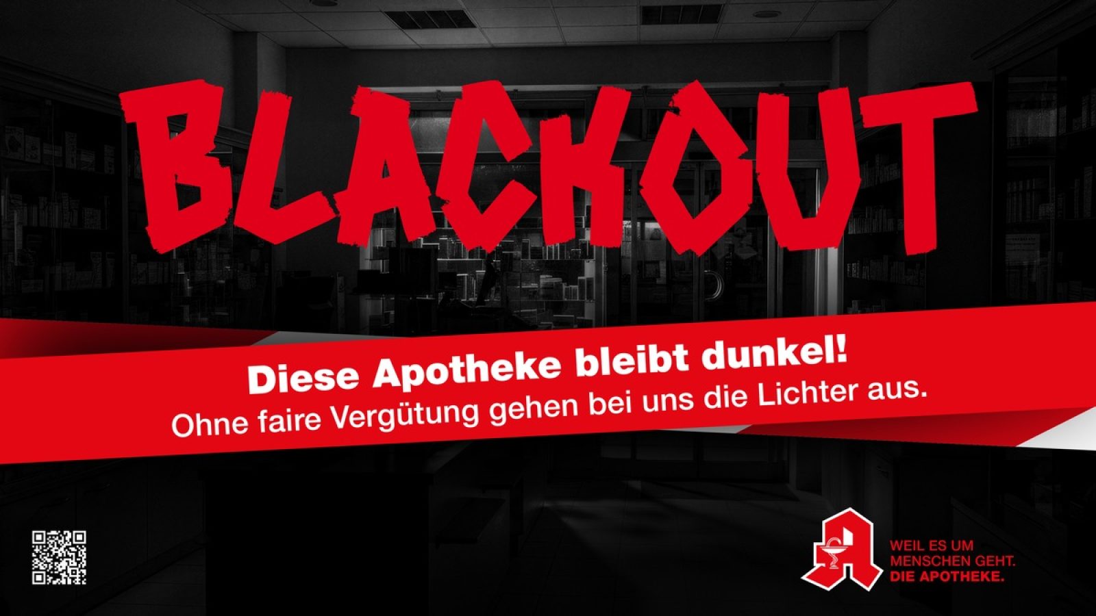 Mit einer bundesweiten Protestaktion weisen Deutschlands Apothekenteams am Mittwoch, 17. Dezember, auf die chronische Unterfinanzierung der Apotheken hin. Unter dem Motto "Versorgungsblackout" schalten die Apotheken zeitweise die Lichter aus - nur eine Notbeleuchtung bleibt an. / Weiterer Text über ots und www.presseportal.de/nr/7002 / Die Verwendung dieses Bildes für redaktionelle Zwecke ist unter Beachtung aller mitgeteilten Nutzungsbedingungen zulässig und dann auch honorarfrei. Veröffentlichung ausschließlich mit Bildrechte-Hinweis.
