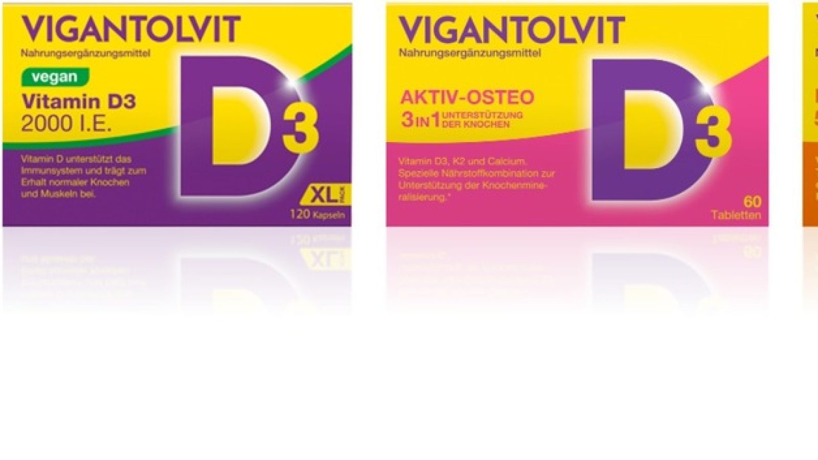 Vier Verpackungen von Vigantolvit® Vitamin D3 in verschiedenen Varianten nebeneinander angeordnet / Weiterer Text über ots und www.presseportal.de/nr/13483 / Die Verwendung dieses Bildes für redaktionelle Zwecke ist unter Beachtung aller mitgeteilten Nutzungsbedingungen zulässig und dann auch honorarfrei. Veröffentlichung ausschließlich mit Bildrechte-Hinweis.