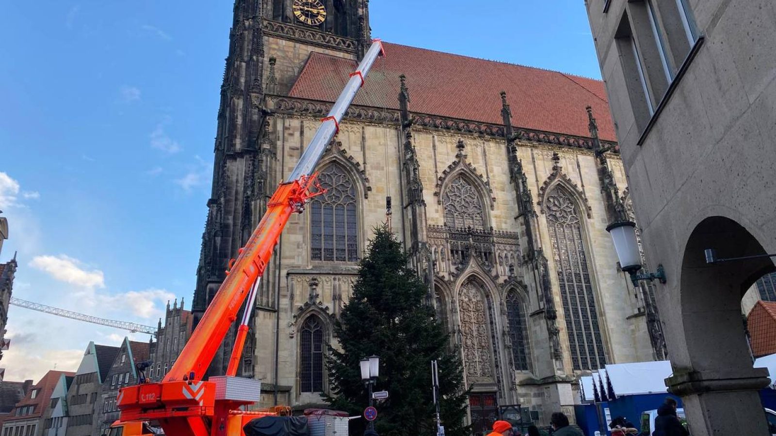 Baum mit Weihnachtsdekoration auf dem Prinzipalmarkt in Münster, neben der St. Paulus-Domkirche.