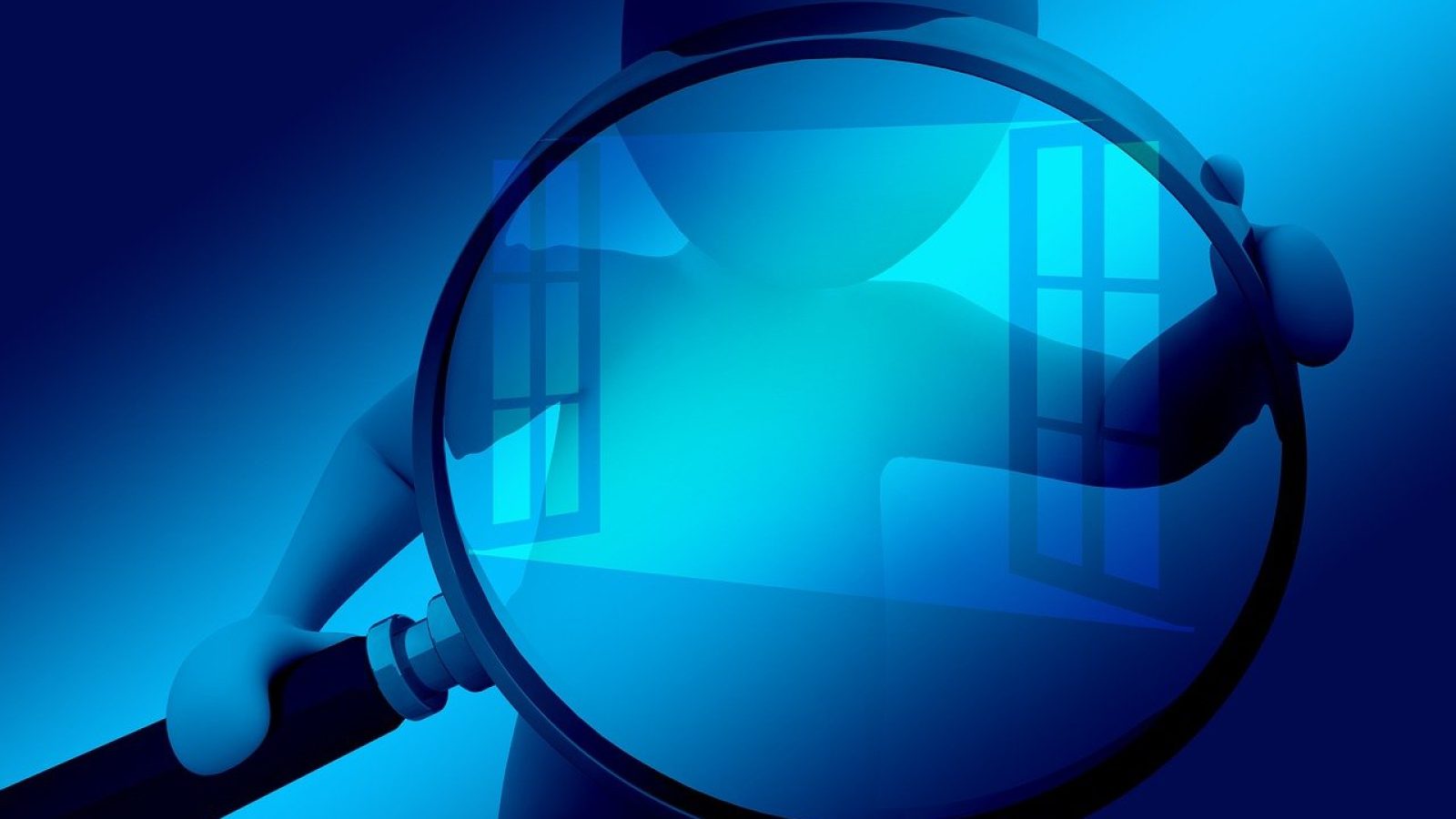 Grafik eines stilisierten Charakters, der mit einer Lupe auf ein Fenster schaut.